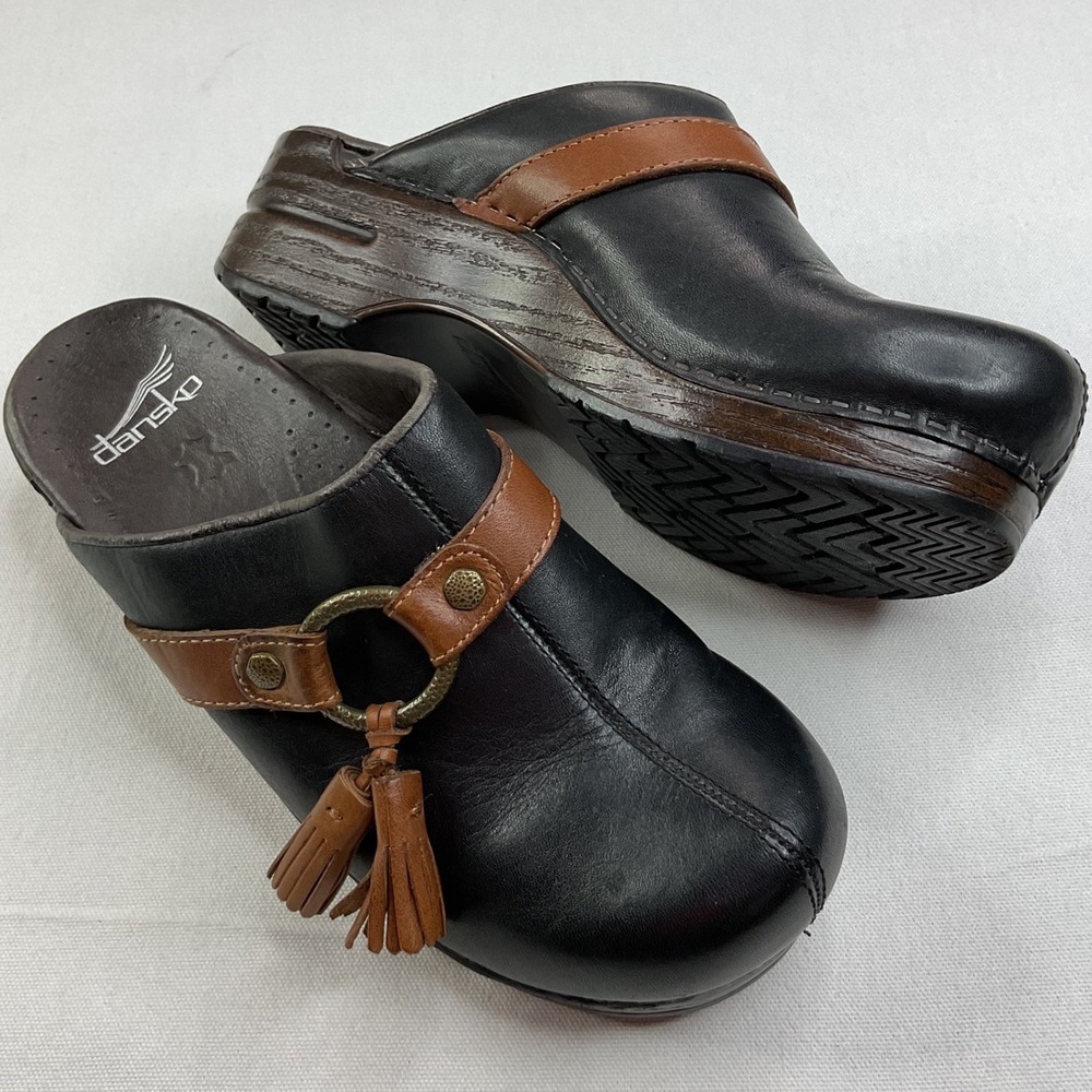 Dansko Black Brown Leather Tassel Clogs Mules Size 37 74027878